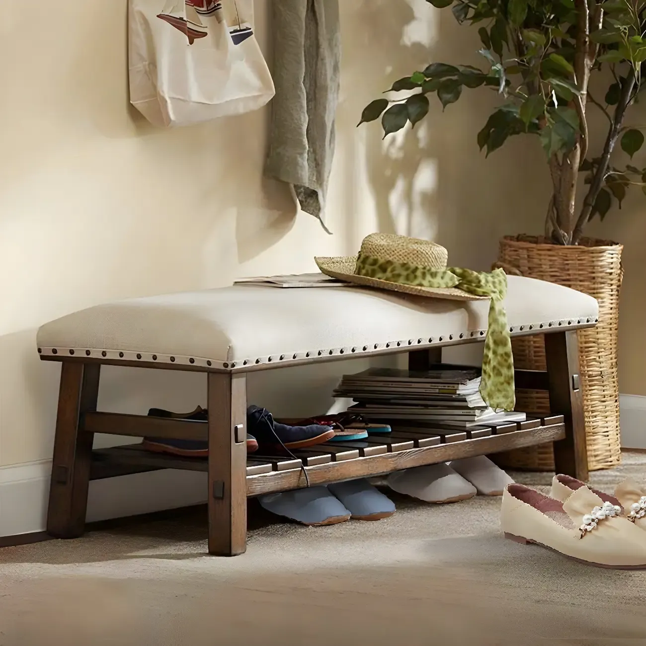 White Modern Upholstered Short Entryway Bench with Shelves Image - 2