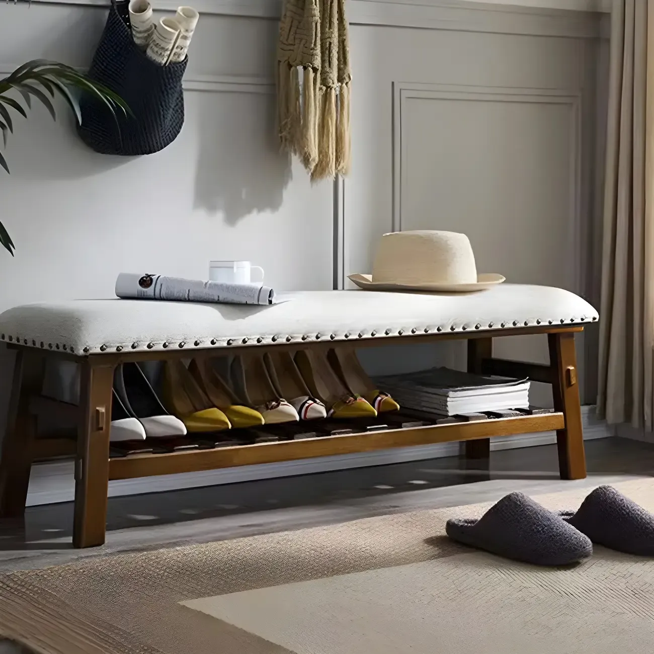 White Modern Upholstered Short Entryway Bench with Shelves Image - 3