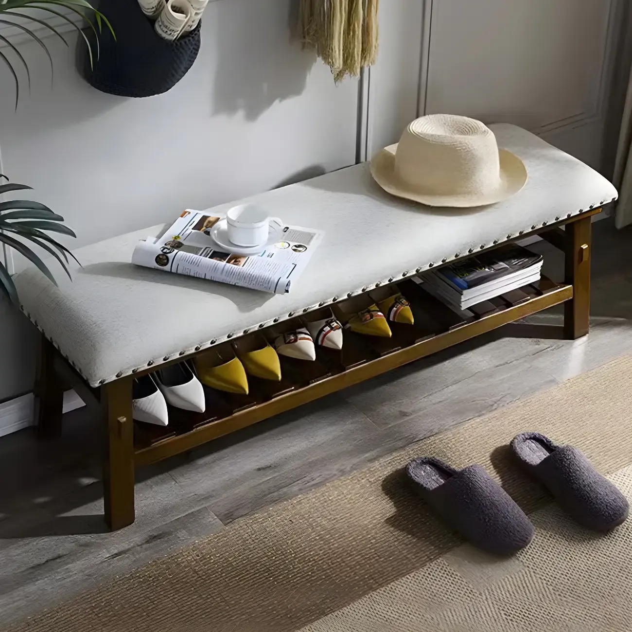 White Modern Upholstered Short Entryway Bench with Shelves Image - 4