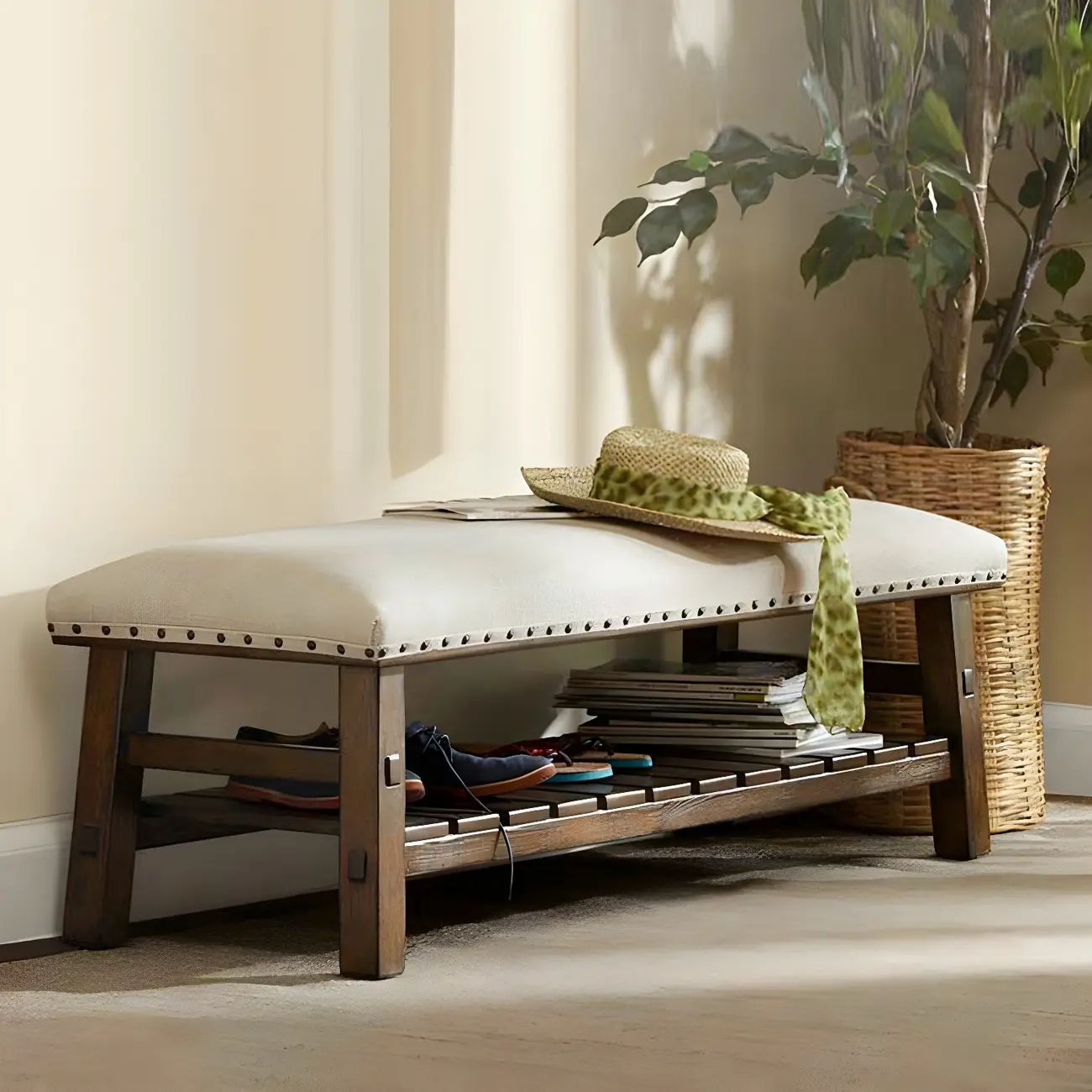 White Modern Upholstered Short Entryway Bench with Shelves Image - 1 | homeyfad