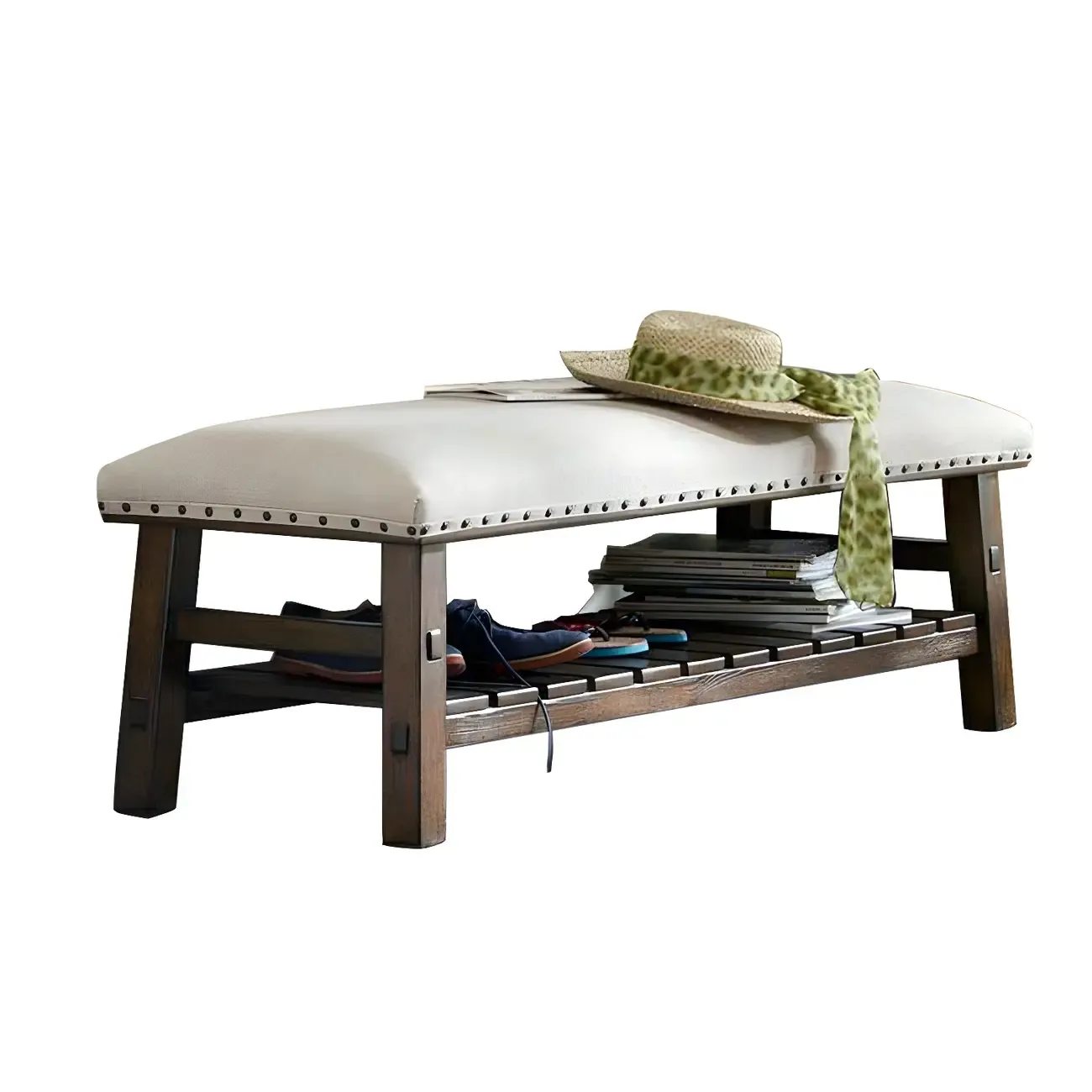 White Modern Upholstered Short Entryway Bench with Shelves Image - 8