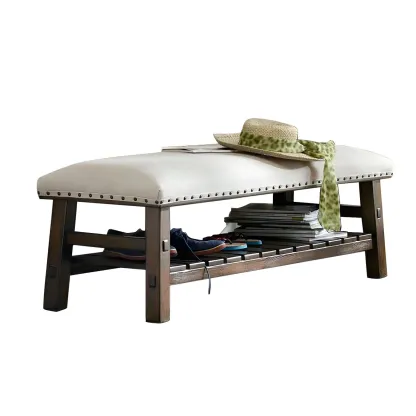 White Modern Upholstered Short Entryway Bench with Shelves Image - 8