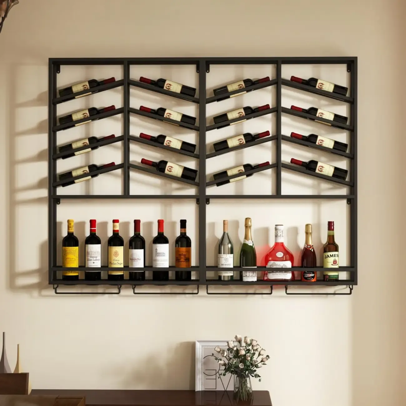 Hanging Industrial Metal Black Wine Rack Wall Mounted Image - 4