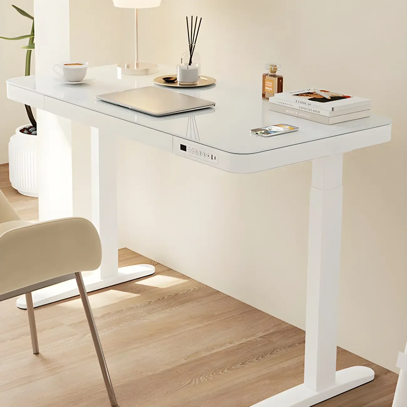 Modern Wooden Height-Adjustable Standing Desk with Glass Top Image - 2