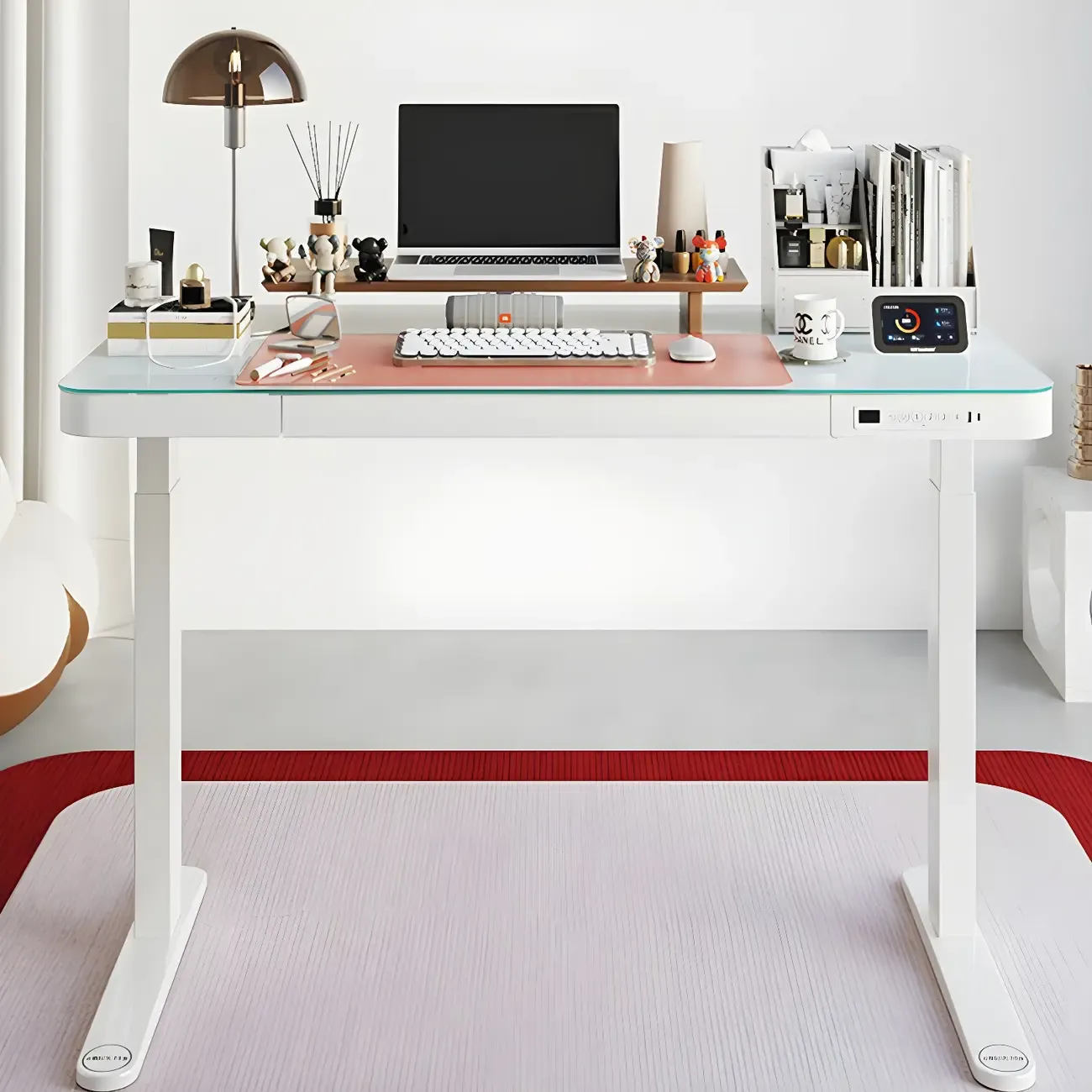 Modern Wooden Height-Adjustable Standing Desk with Glass Top Image - 4