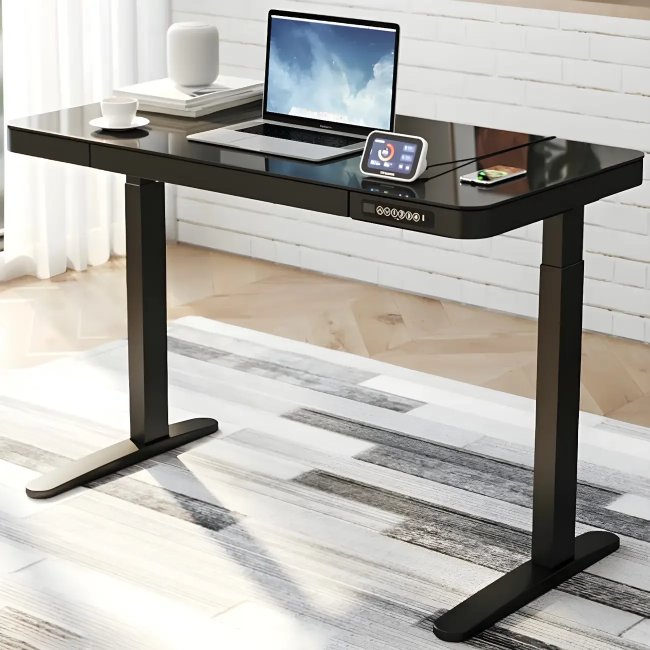 Modern Wooden Height-Adjustable Standing Desk with Glass Top Image - 5