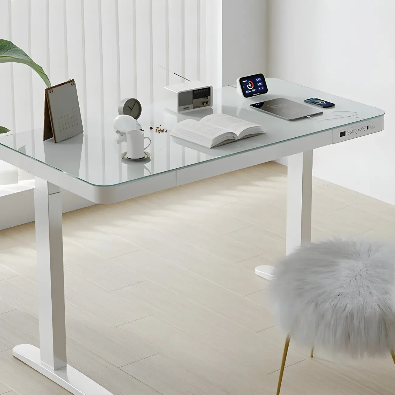 Modern Wooden Height-Adjustable Standing Desk with Glass Top Image - 1