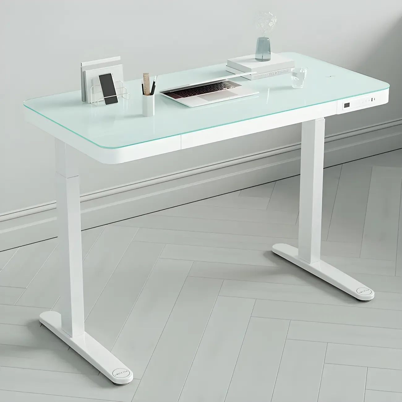 Modern Wooden Height-Adjustable Standing Desk with Glass Top Image - 3