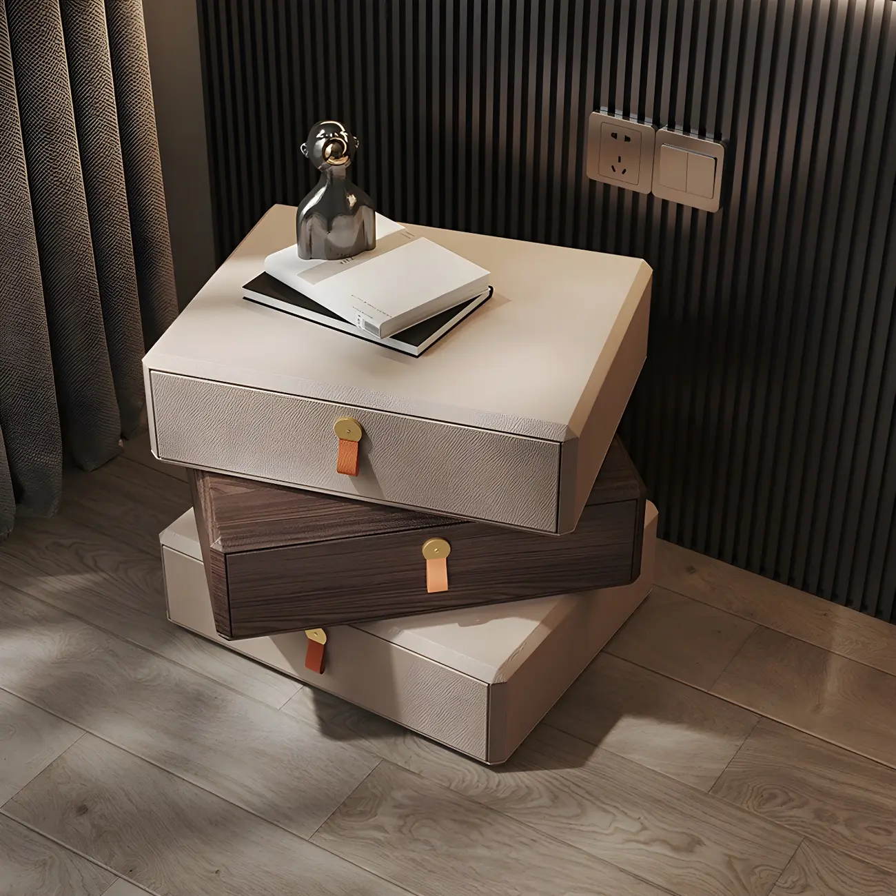 Stacked Beige Wood 3 Drawers Narrow Nightstand Image - 1 | homeyfad