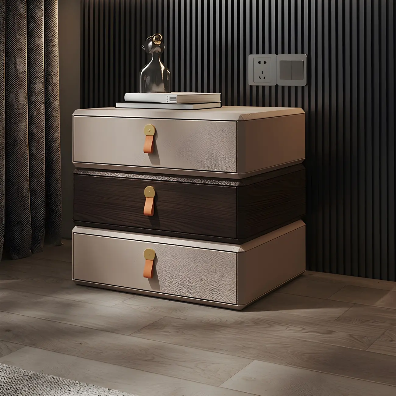 Stacked Beige Wood 3 Drawers Narrow Nightstand Image - 3 | homeyfad