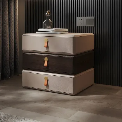 Stacked Beige Wood 3 Drawers Narrow Nightstand Image - 3