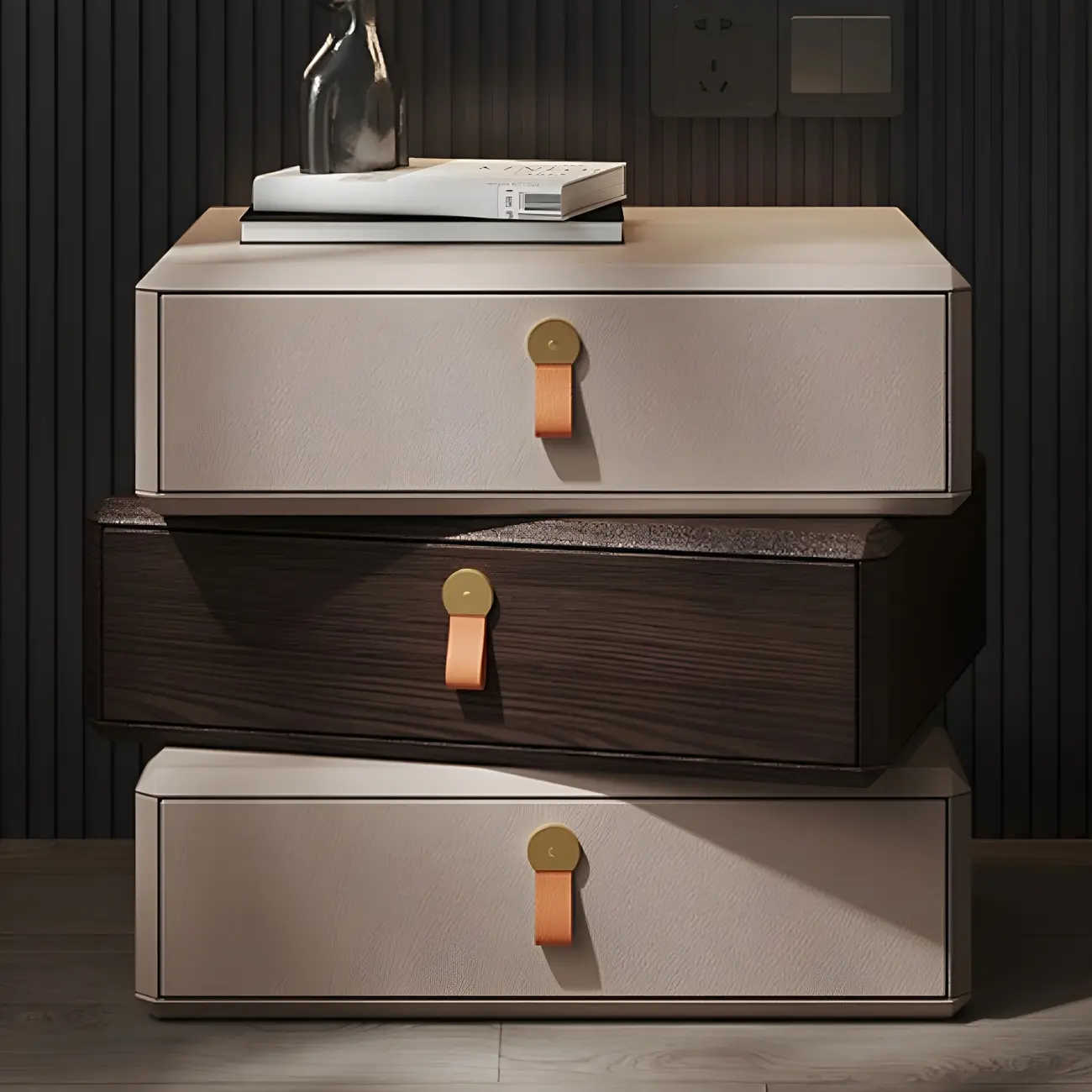 Stacked Beige Wood 3 Drawers Narrow Nightstand Image - 4 | homeyfad