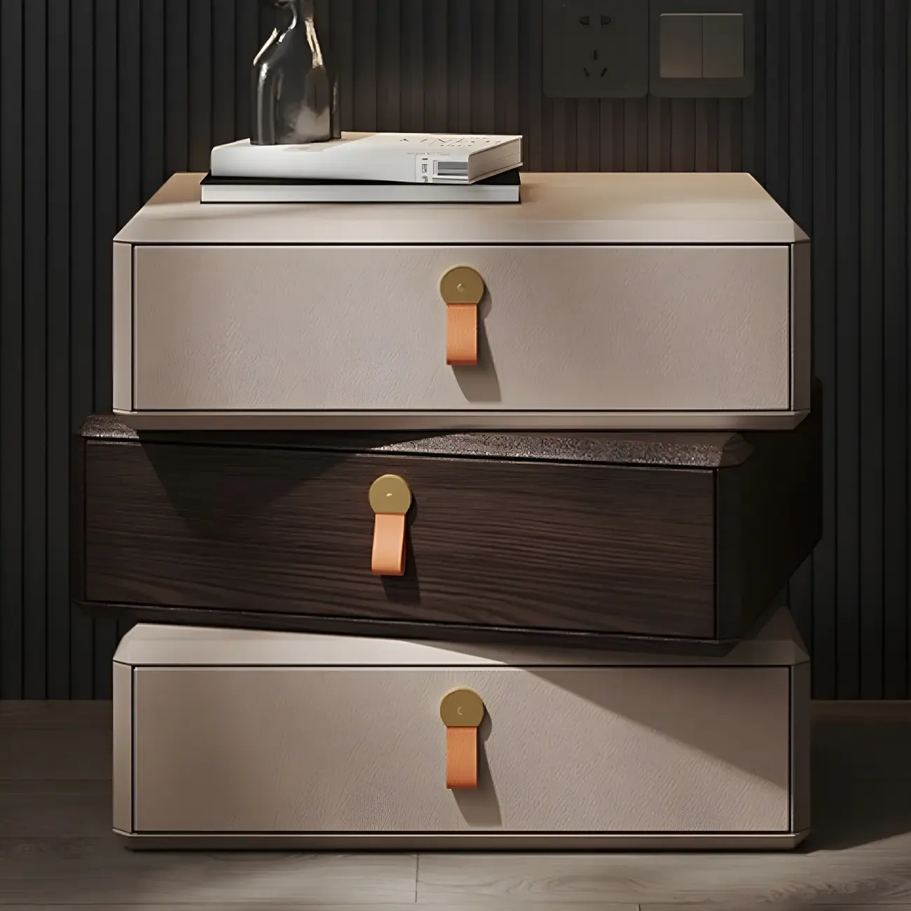 Stacked Beige Wood 3 Drawers Narrow Nightstand Image - 4