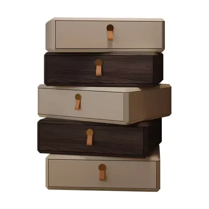 Stacked Beige Wood 3 Drawers Narrow Nightstand Image - 10