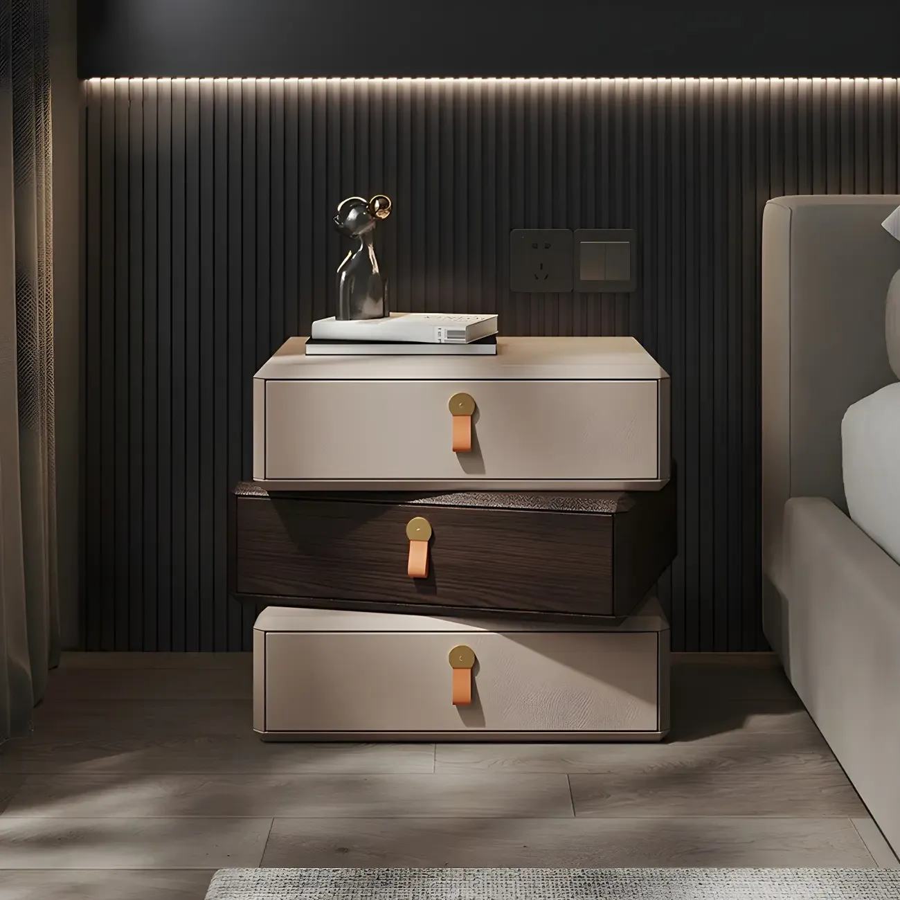 Stacked Beige Wood 3 Drawers Narrow Nightstand Image - 2