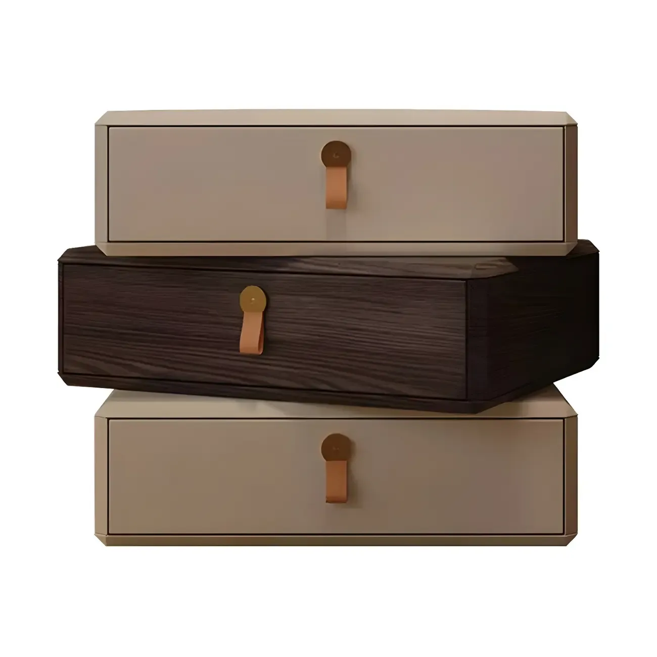 Stacked Beige Wood 3 Drawers Narrow Nightstand Image - 11