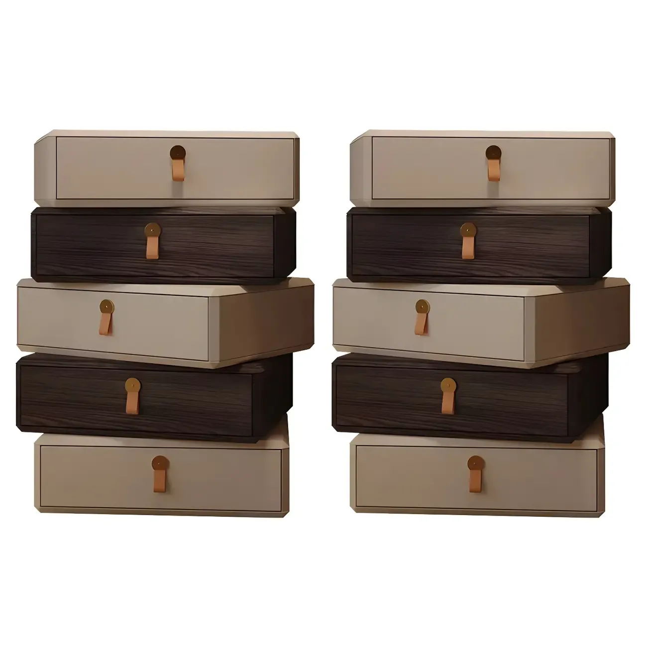 Stacked Beige Wood 3 Drawers Narrow Nightstand Image - 12