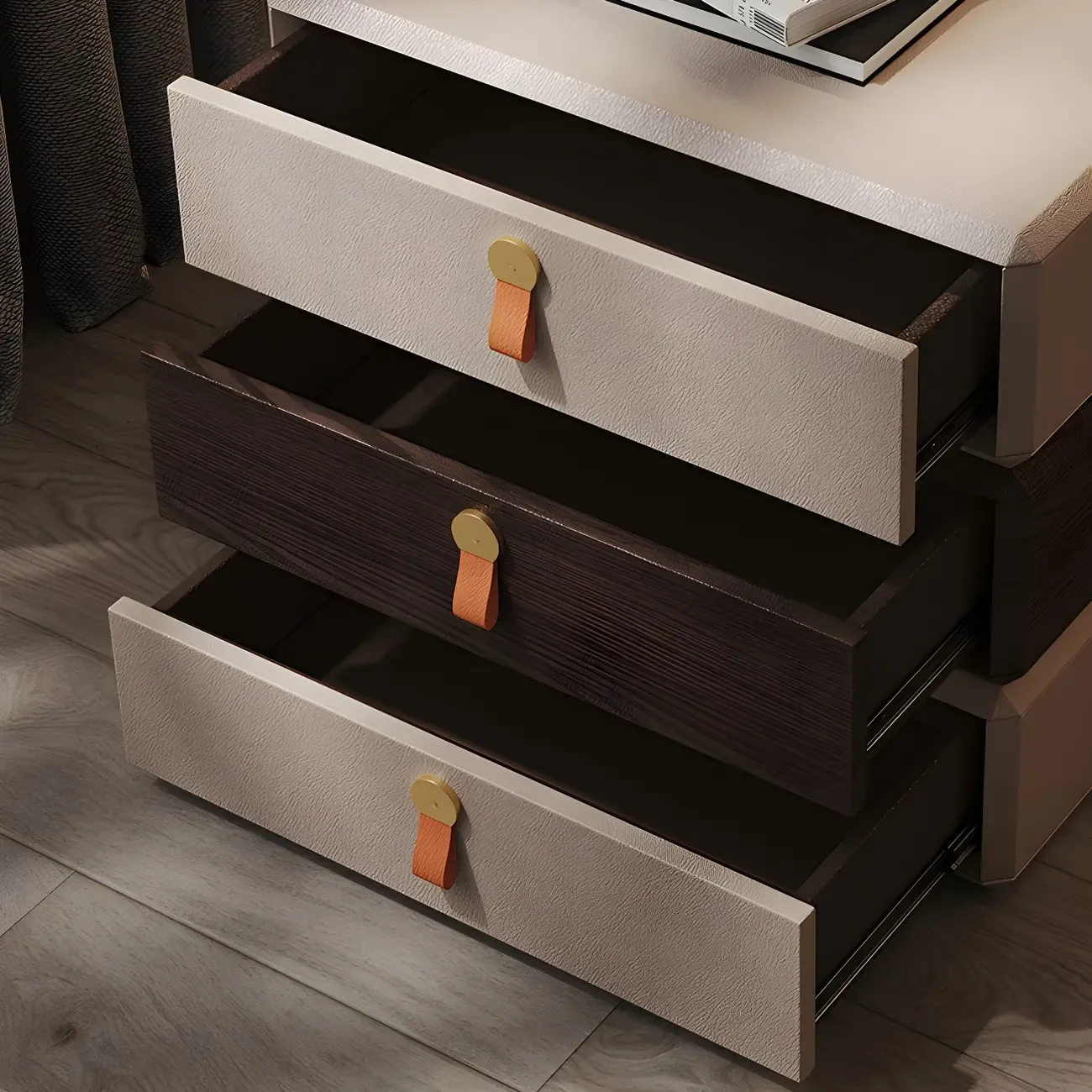 Stacked Beige Wood 3 Drawers Narrow Nightstand Image - 6