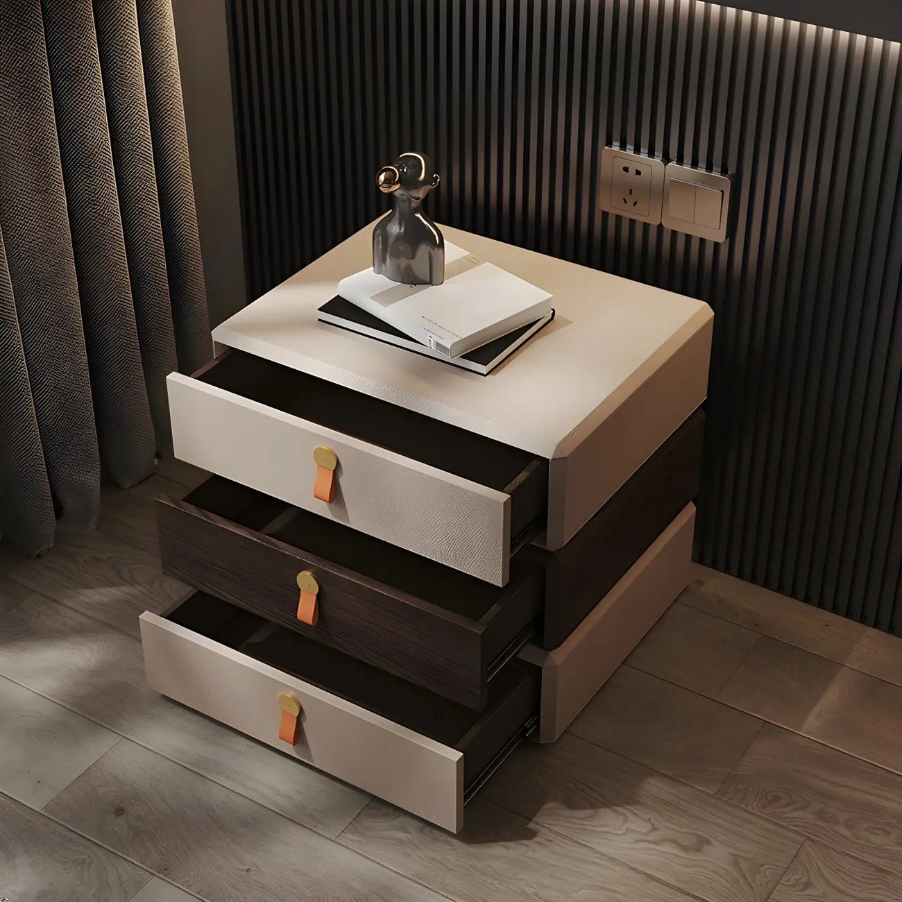 Stacked Beige Wood 3 Drawers Narrow Nightstand Image - 5 | homeyfad