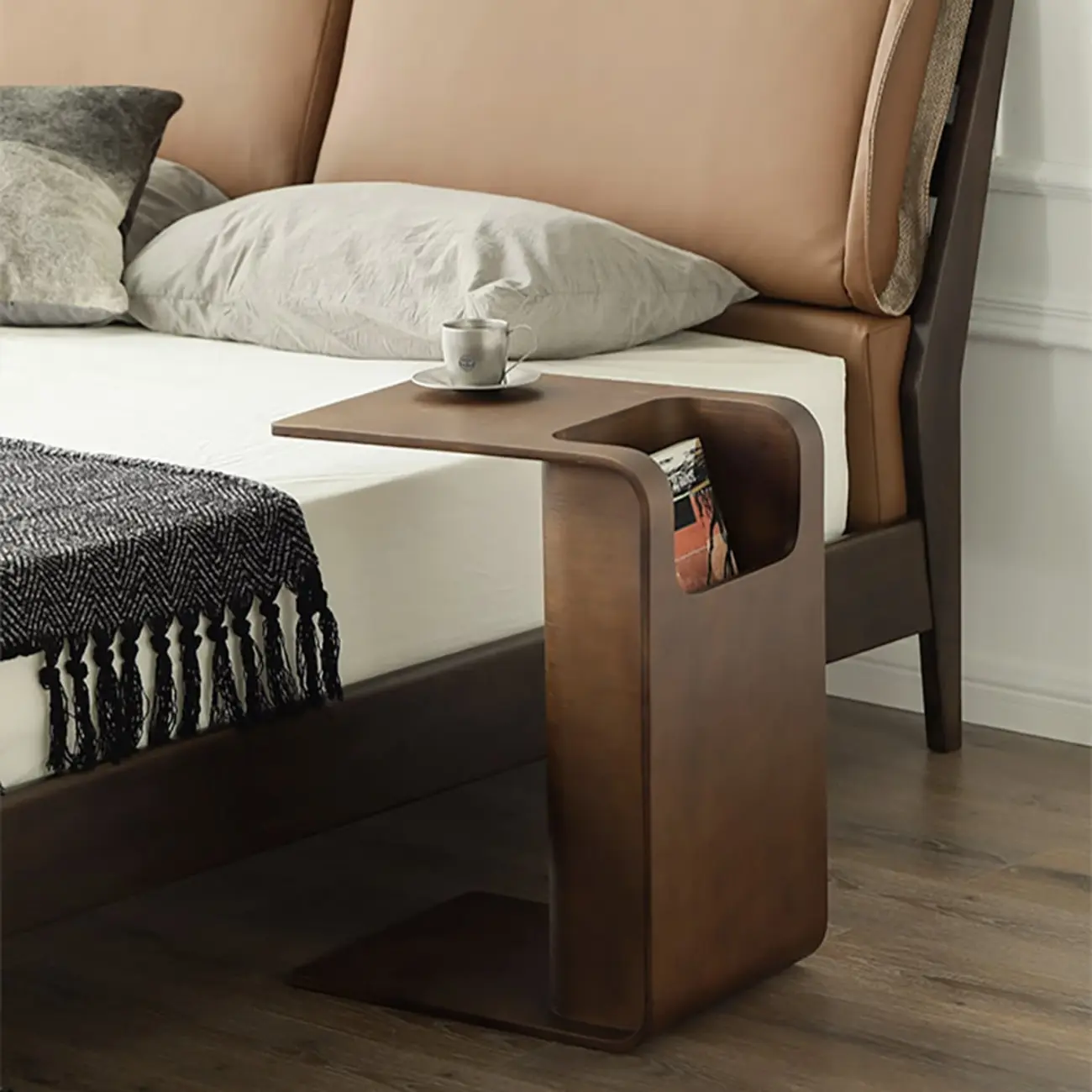 Convertible C-Shaped Walnut Wood Side Table with Storage Image - 4 | homeyfad