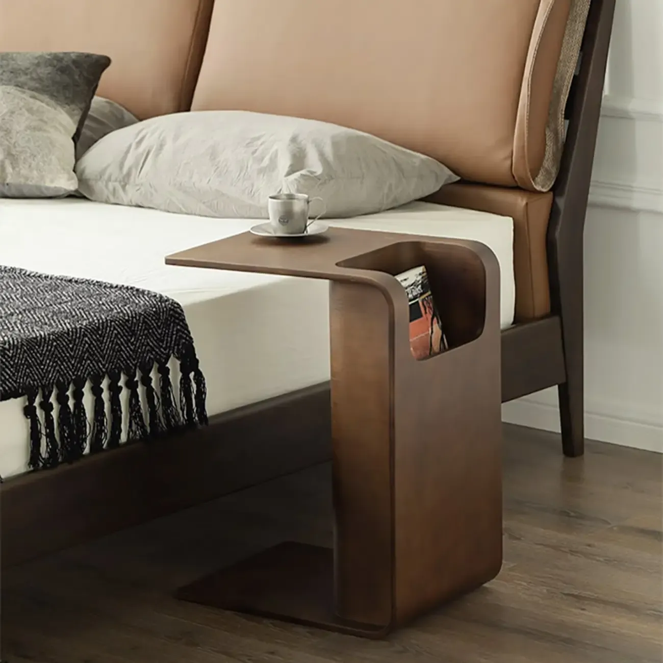 Convertible C-Shaped Walnut Wood Side Table with Storage Image - 4