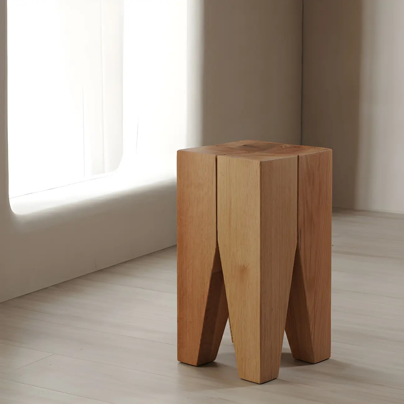 Natural Square Pine Wood Short End Table with Abstract Base Image - 3 | homeyfad