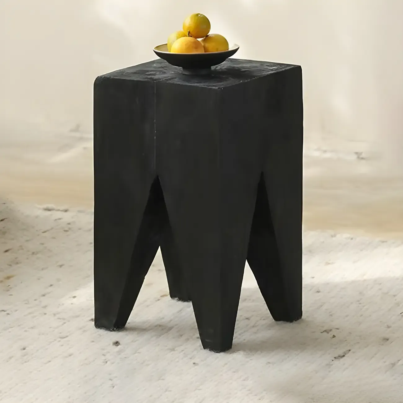 Natural Square Pine Wood Short End Table with Abstract Base Image - 2