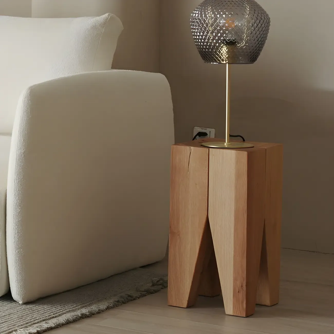 Natural Square Pine Wood Short End Table with Abstract Base Image - 4