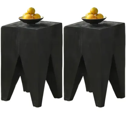 Natural Square Pine Wood Short End Table with Abstract Base Image - 5