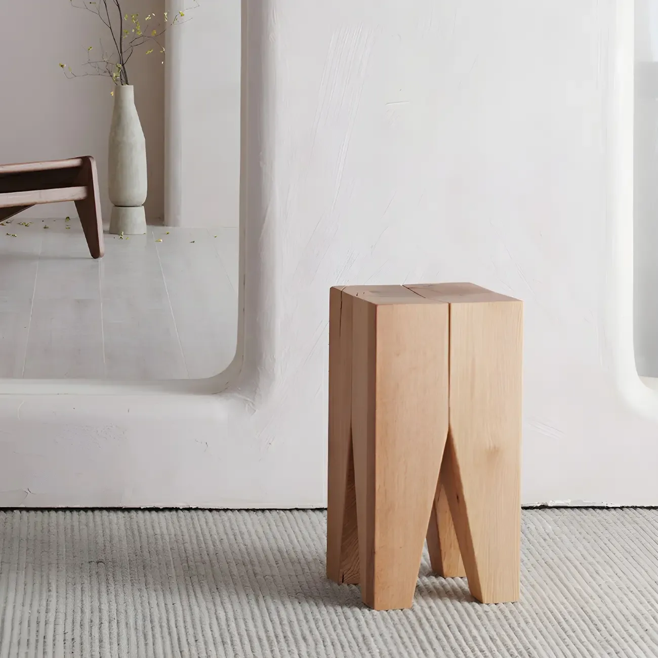 Natural Square Pine Wood Short End Table with Abstract Base Image - 6