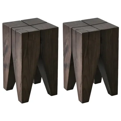 Natural Square Pine Wood Short End Table with Abstract Base Image - 8
