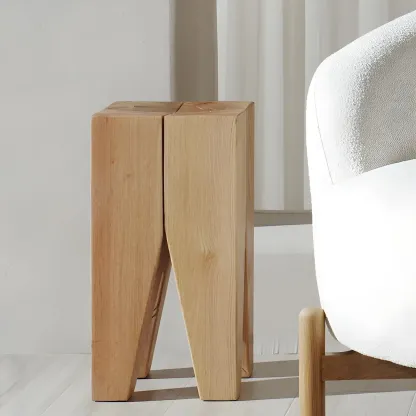 Natural Square Pine Wood Short End Table with Abstract Base Image - 9