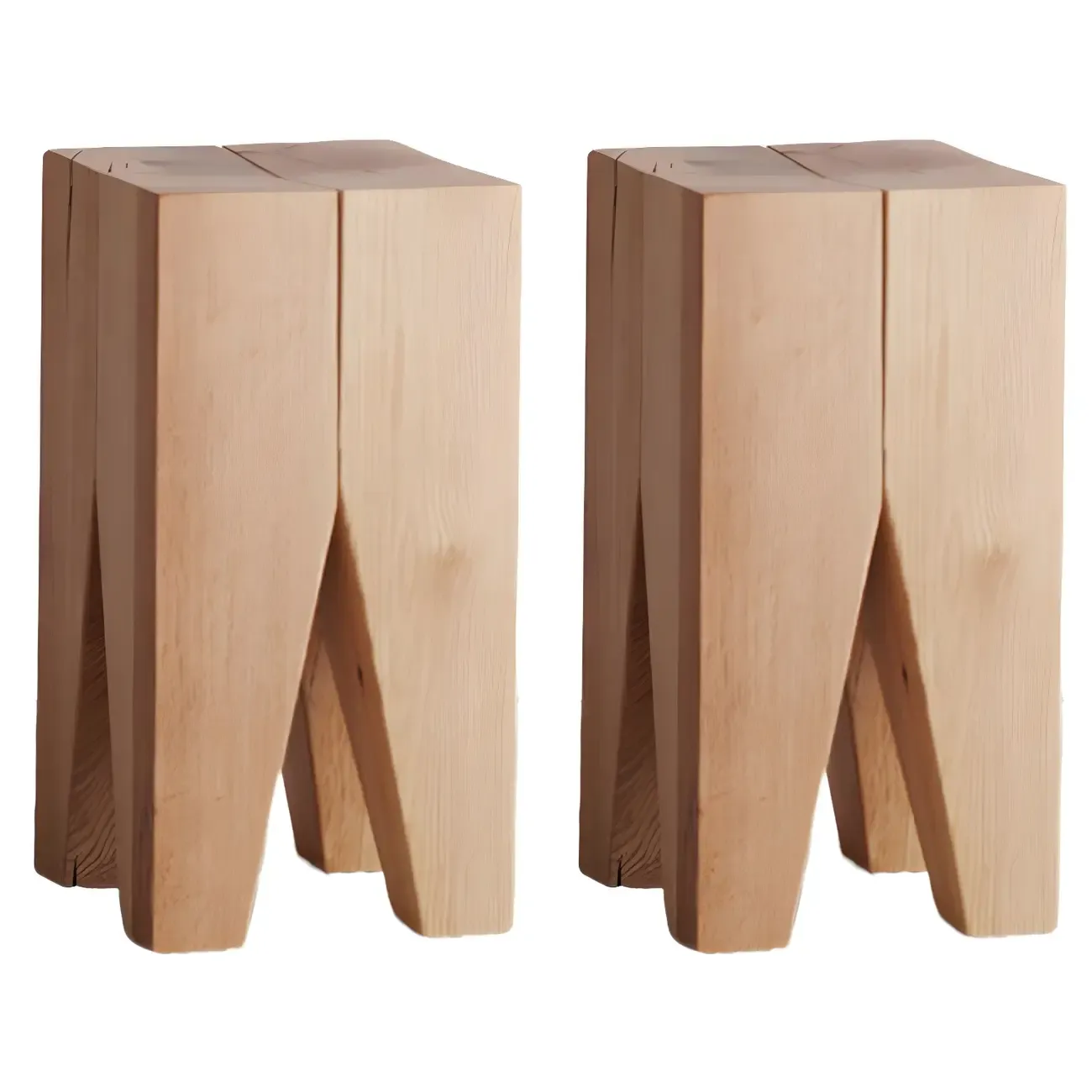 Natural Square Pine Wood Short End Table with Abstract Base Image - 12