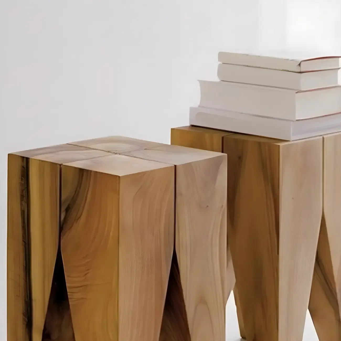 Natural Square Pine Wood Short End Table with Abstract Base Image - 13