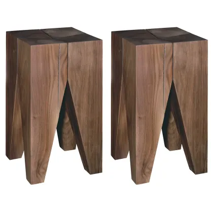 Natural Square Pine Wood Short End Table with Abstract Base Image - 16