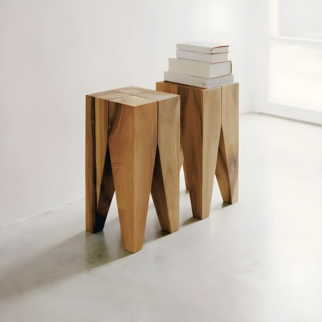 Natural Square Pine Wood Short End Table with Abstract Base Image - 20