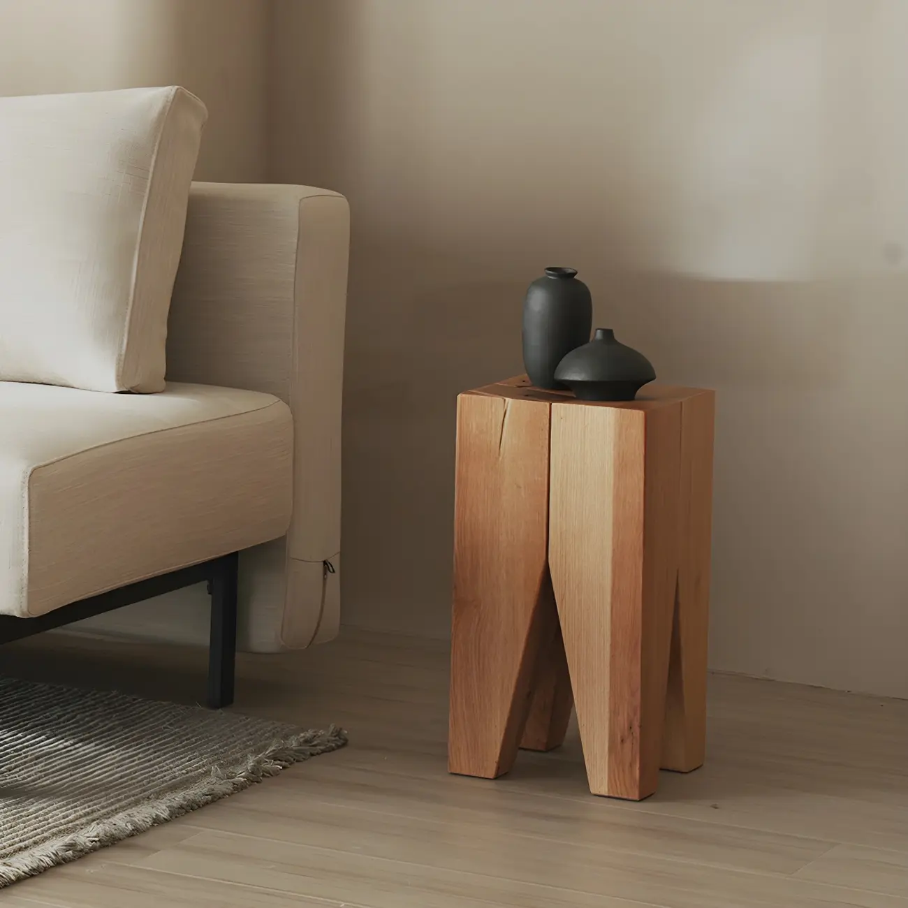 Natural Square Pine Wood Short End Table with Abstract Base Image - 1 | homeyfad