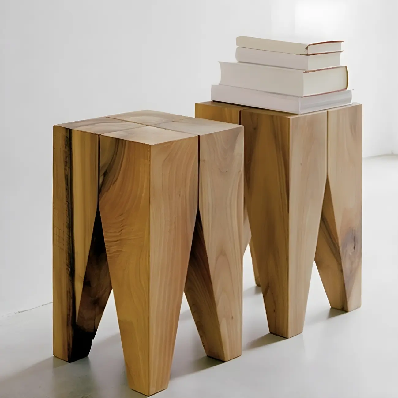 Natural Square Pine Wood Short End Table with Abstract Base Image - 21 | homeyfad