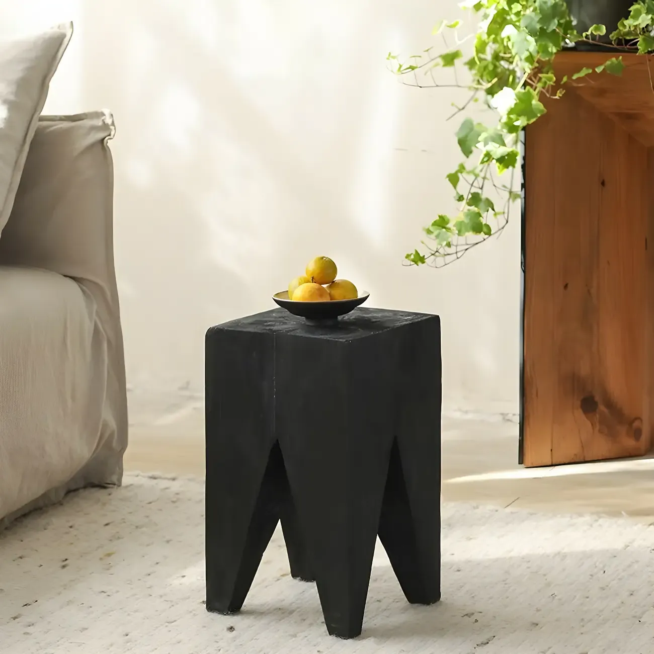 Natural Square Pine Wood Short End Table with Abstract Base Image - 22