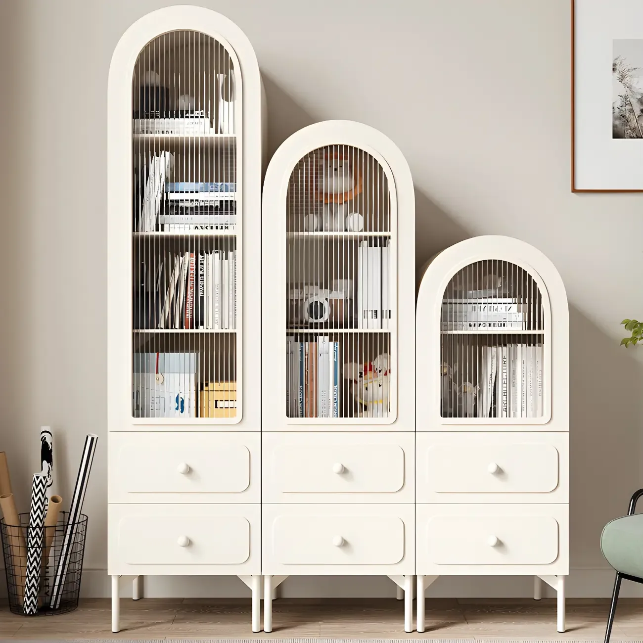 Scandinavian Arched White Wood Bookcase with Doors Image - 1