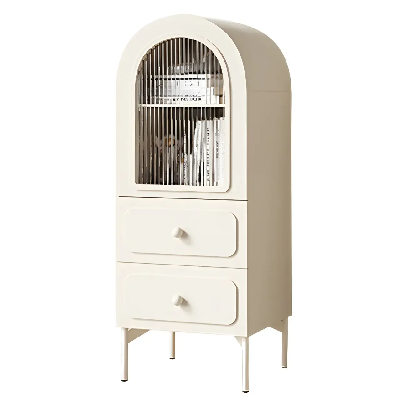 Scandinavian Arched White Wood Bookcase with Doors Image - 4