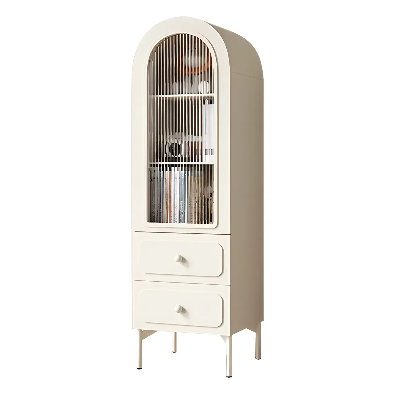 Scandinavian Arched White Wood Bookcase with Doors Image - 5