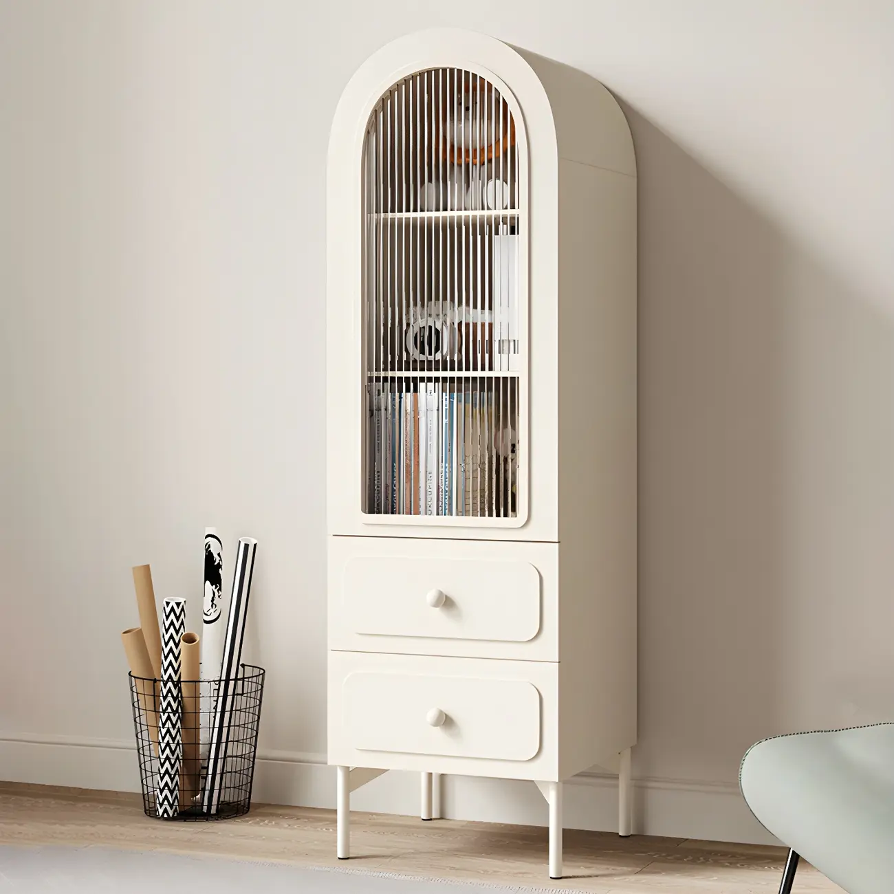 Scandinavian Arched White Wood Bookcase with Doors Image - 6 | homeyfad