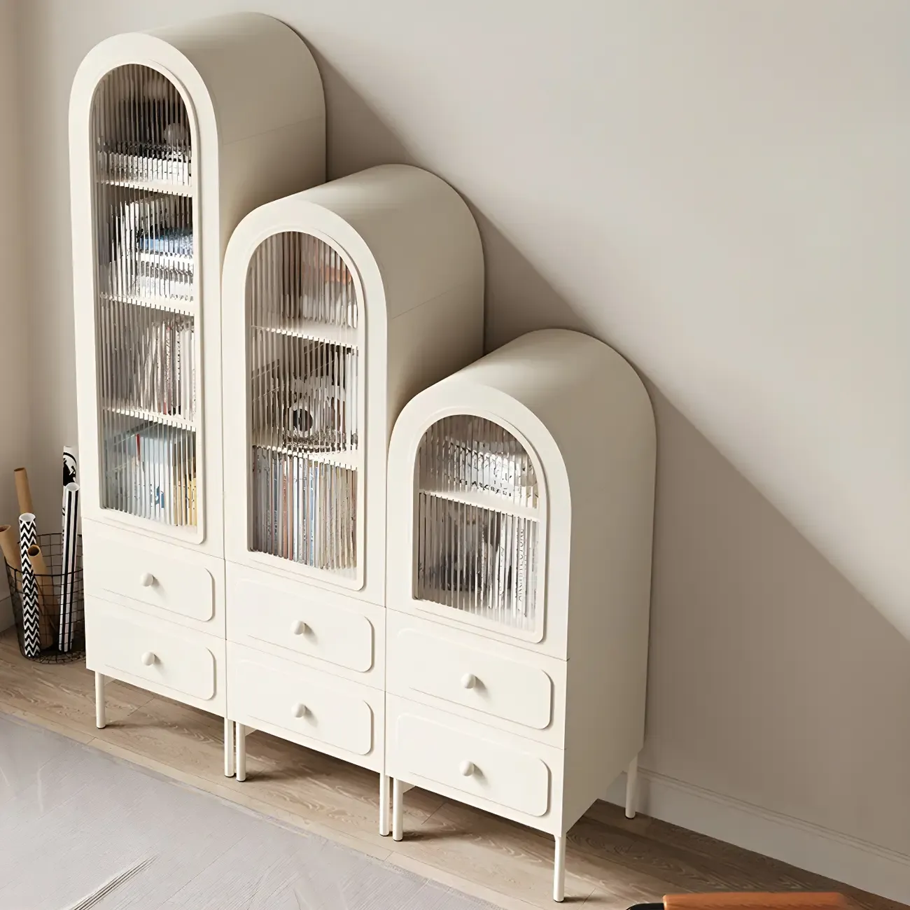 Scandinavian Arched White Wood Bookcase with Doors Image - 3