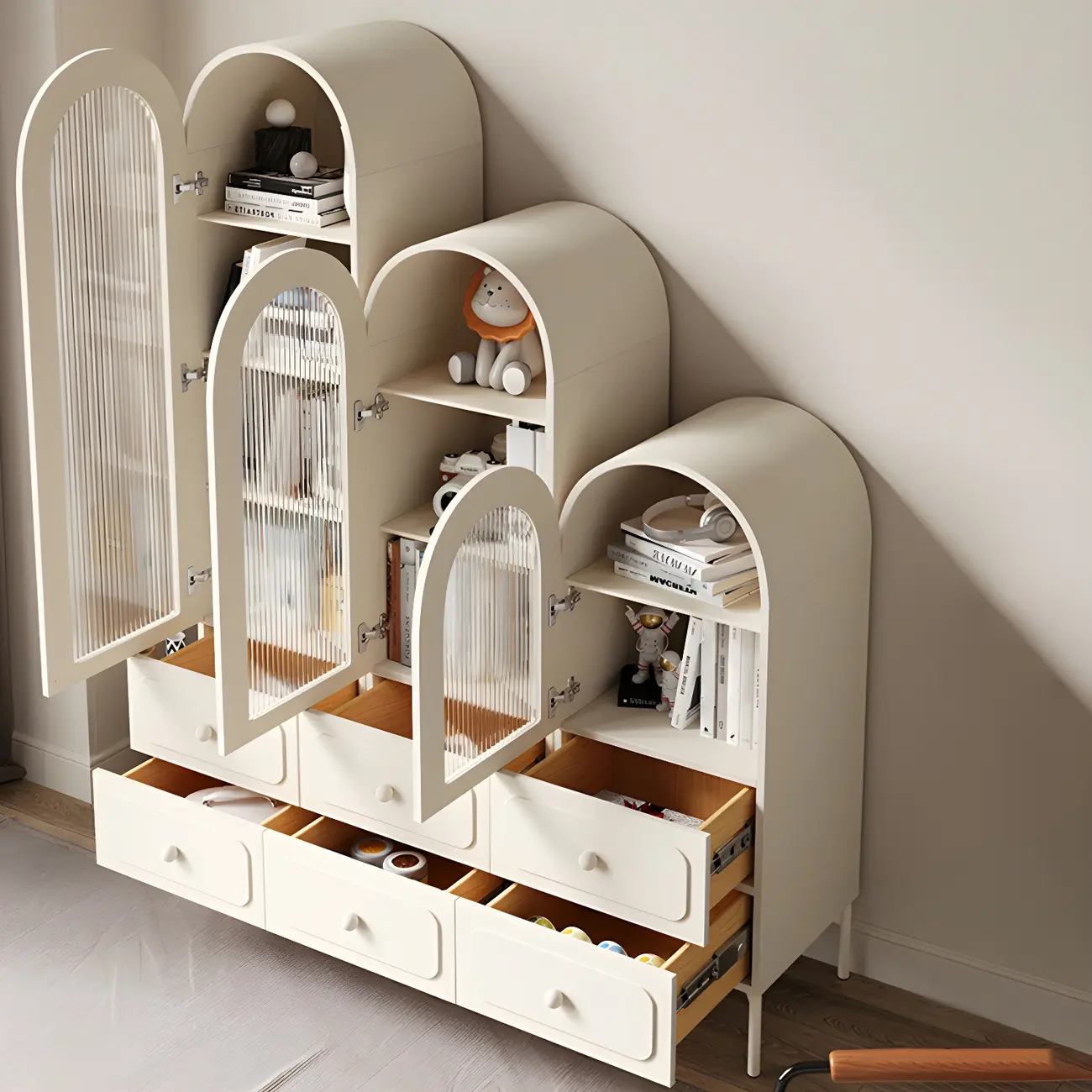 Scandinavian Arched White Wood Bookcase with Doors Image - 7 | homeyfad