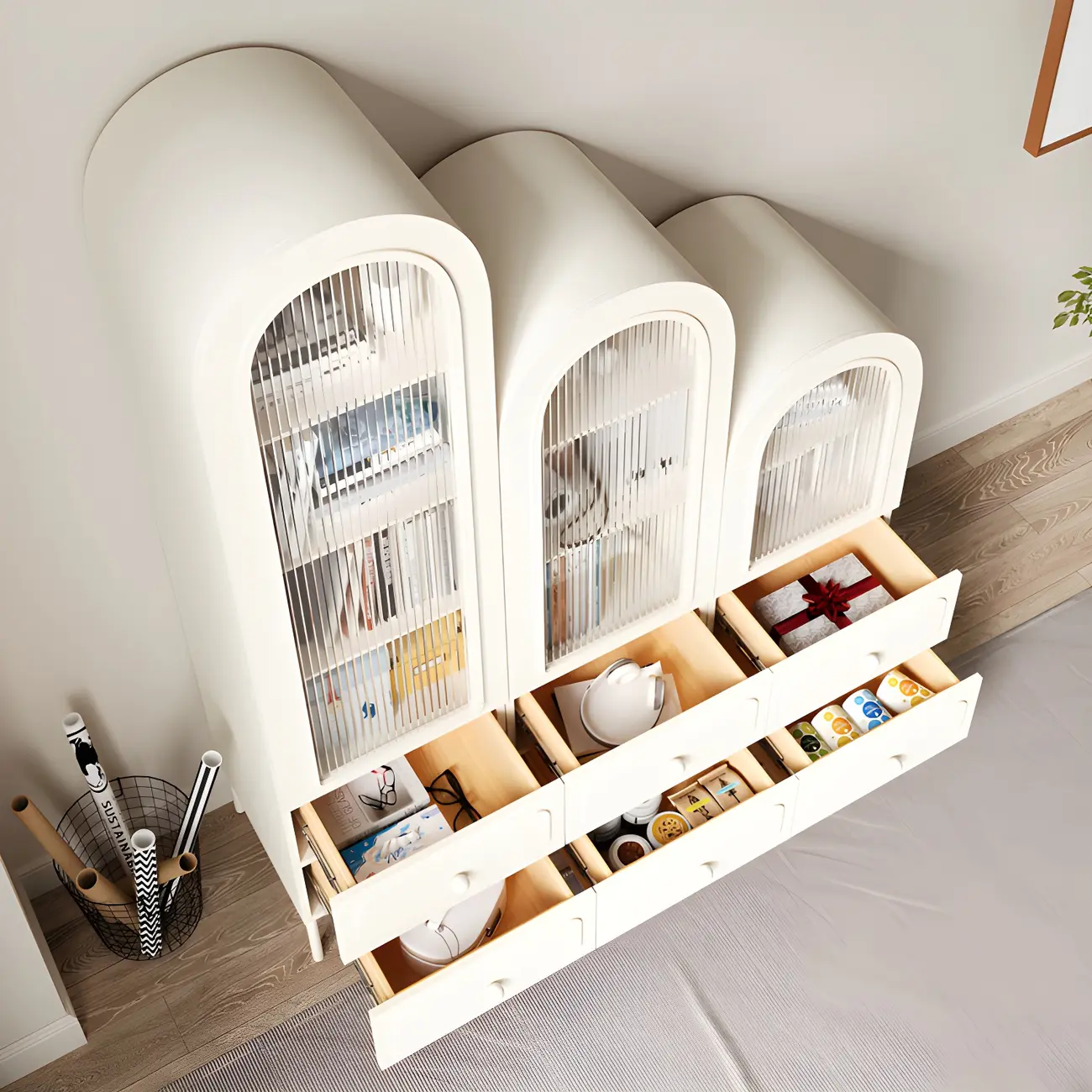 Scandinavian Arched White Wood Bookcase with Doors Image - 11 | homeyfad