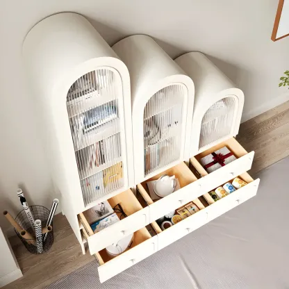 Scandinavian Arched White Wood Bookcase with Doors Image - 11