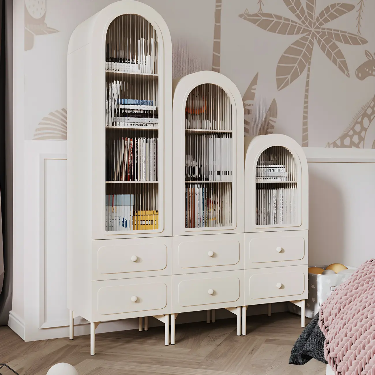 Scandinavian Arched White Wood Bookcase with Doors Image - 12 | homeyfad
