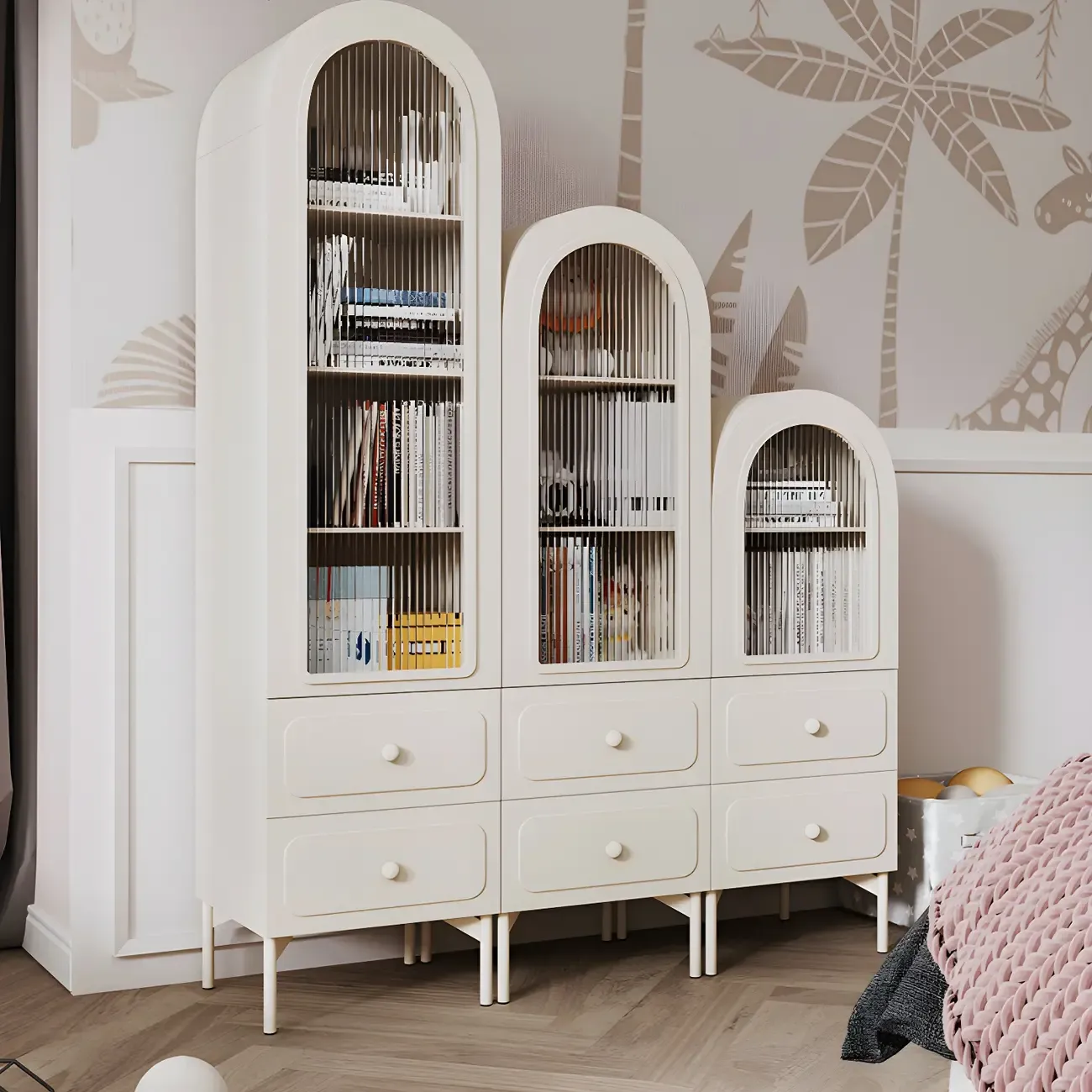 Scandinavian Arched White Wood Bookcase with Doors Image - 12