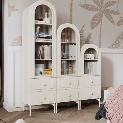 Scandinavian Arched White Wood Bookcase with Doors Image - 12